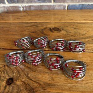 Vintage Napkin Rings, Set Of 8, Silver-tone Metal Wire with Cranberry Beads